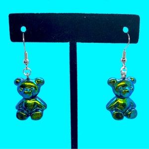 Green color-shifting handmade resin teddy bear earrings
